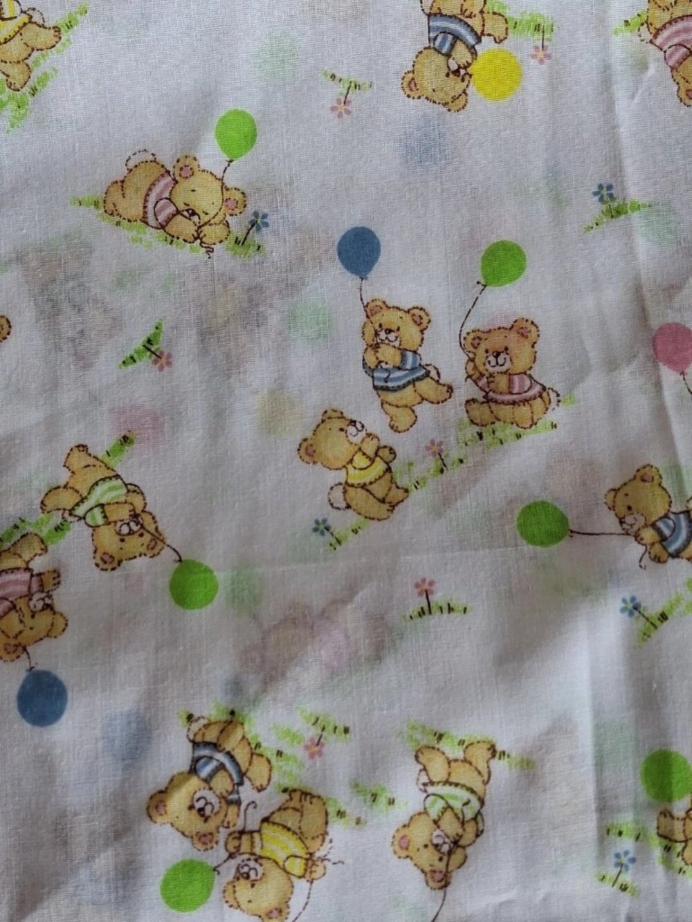 Vtg. Cotton Fabric Boy Girl Bear Balloon Grass -White Nursery, 2.5 yds x 44